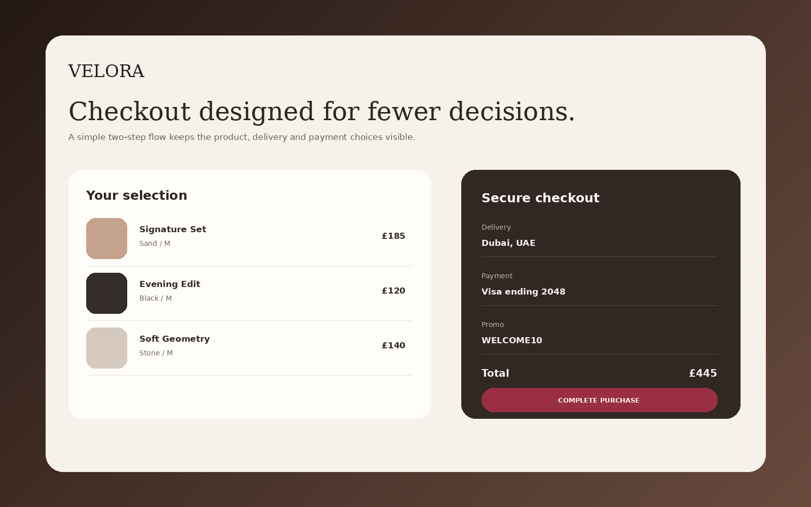 Velora checkout interface