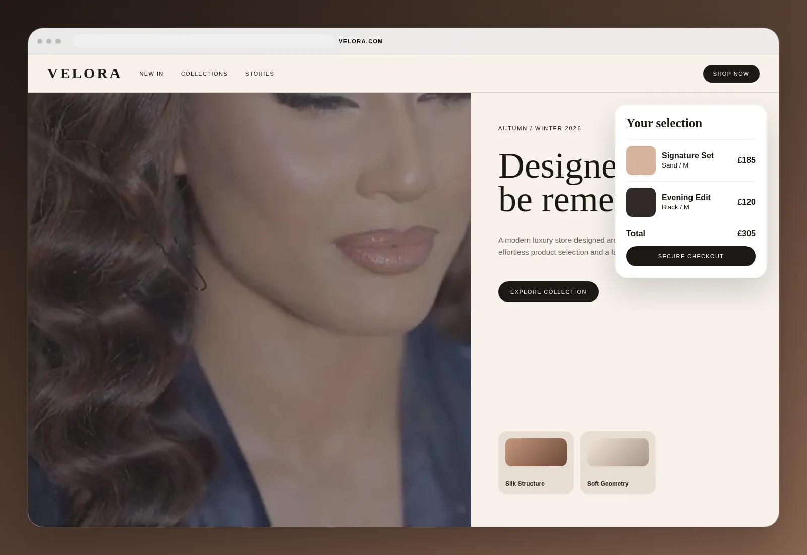 Velora luxury commerce website and shopping cart concept