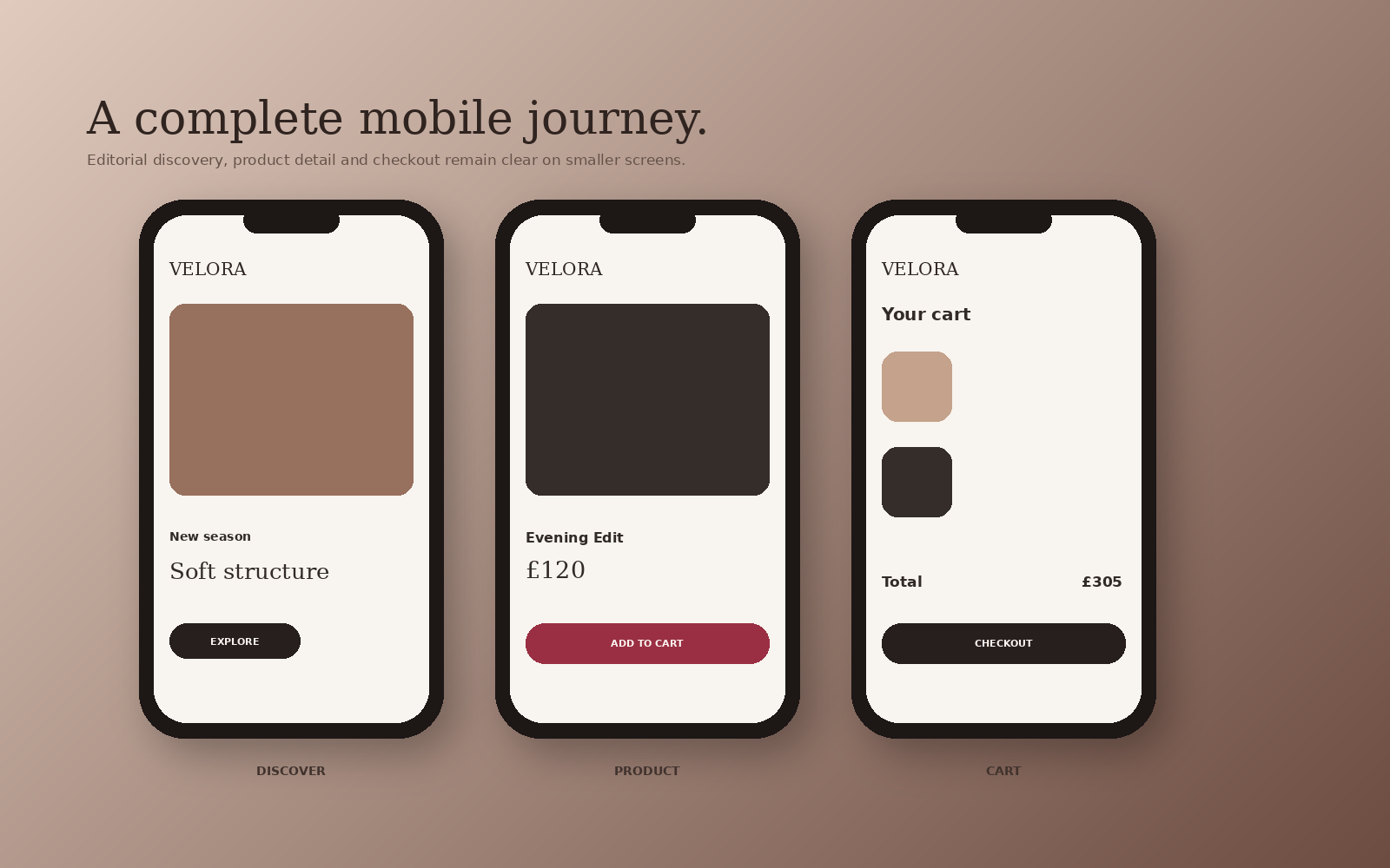 Three mobile screens showing discovery, product and checkout